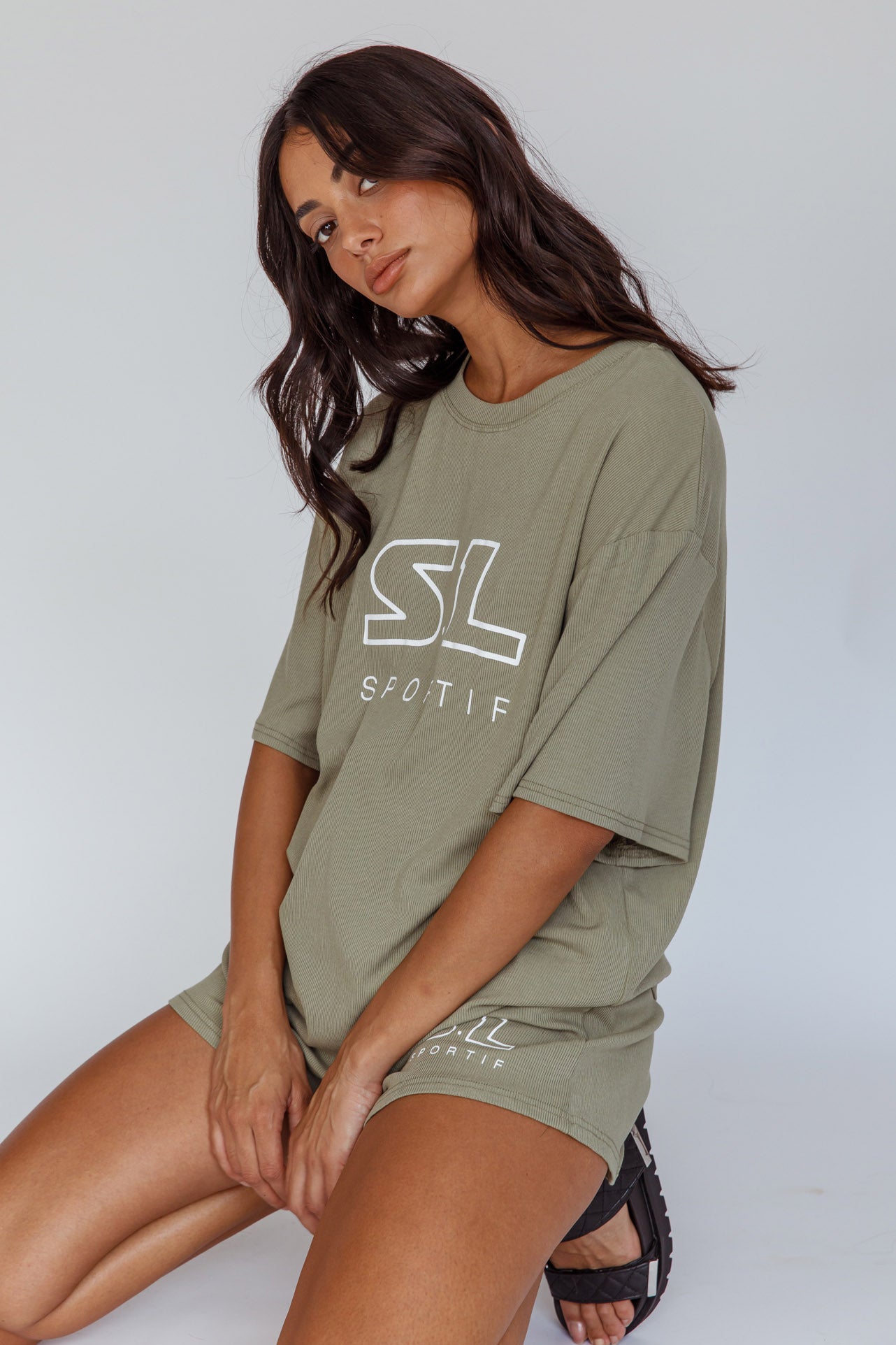 On Track SL Logo T-Shirt Khaki by Selfie Leslie Australia