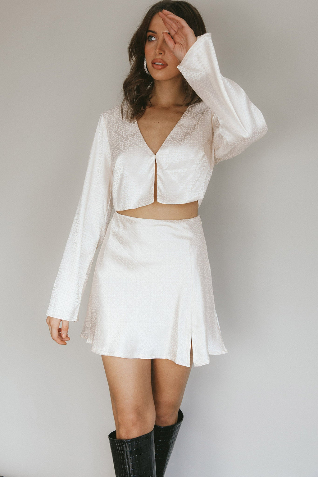 Reese Long Sleeve Satin Crop Top Cream by Selfie Leslie