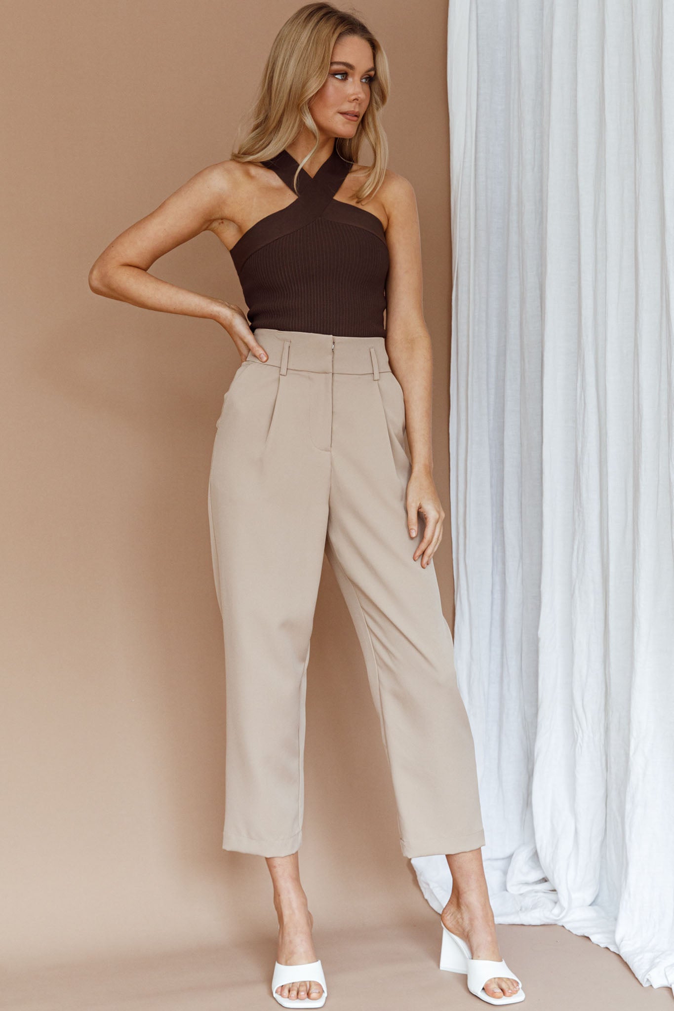 Kansas Crossover Neck Knit Top Brown by Selfie Leslie Australia