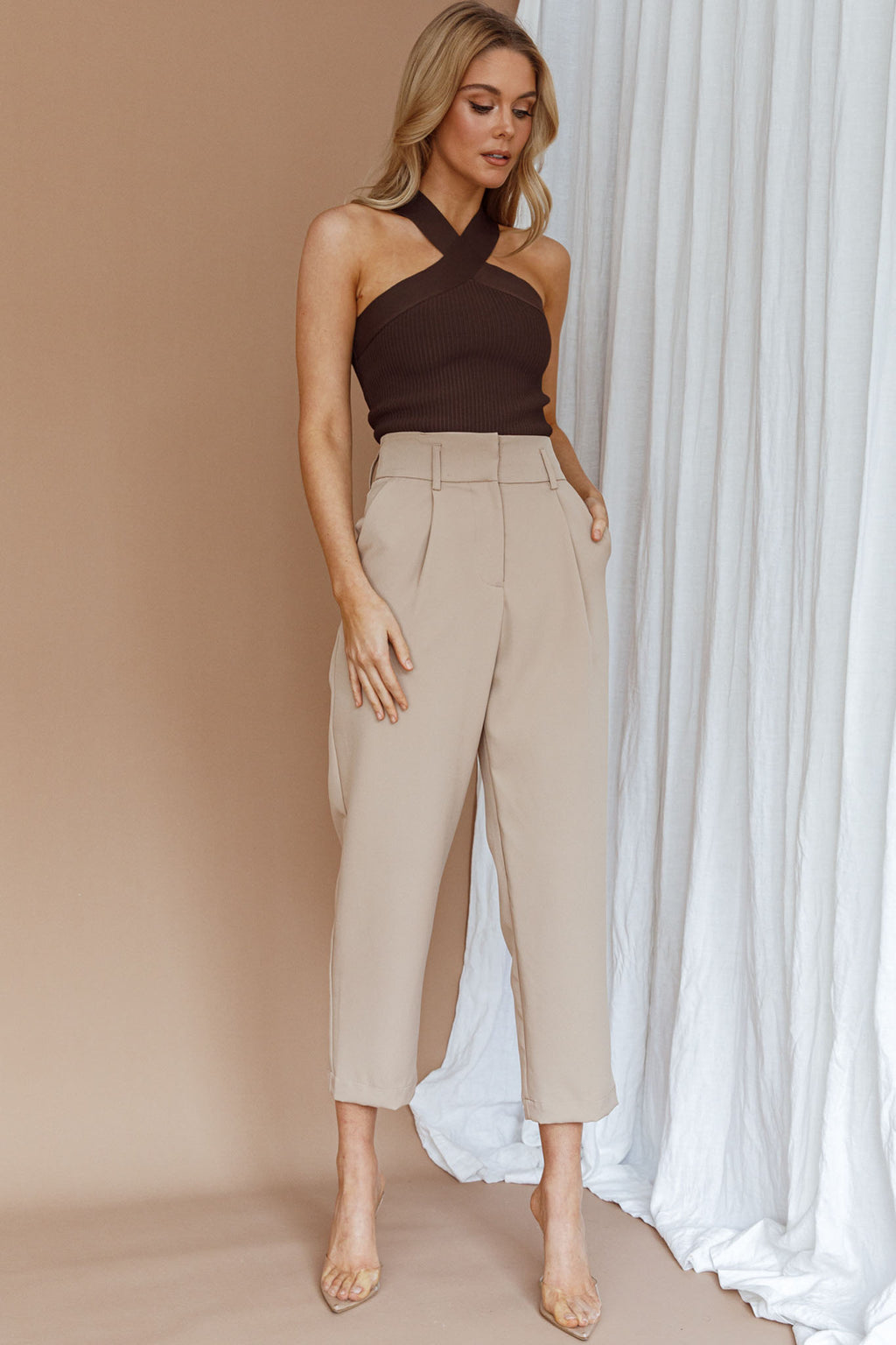 Kansas Crossover Neck Knit Top Brown by Selfie Leslie Australia