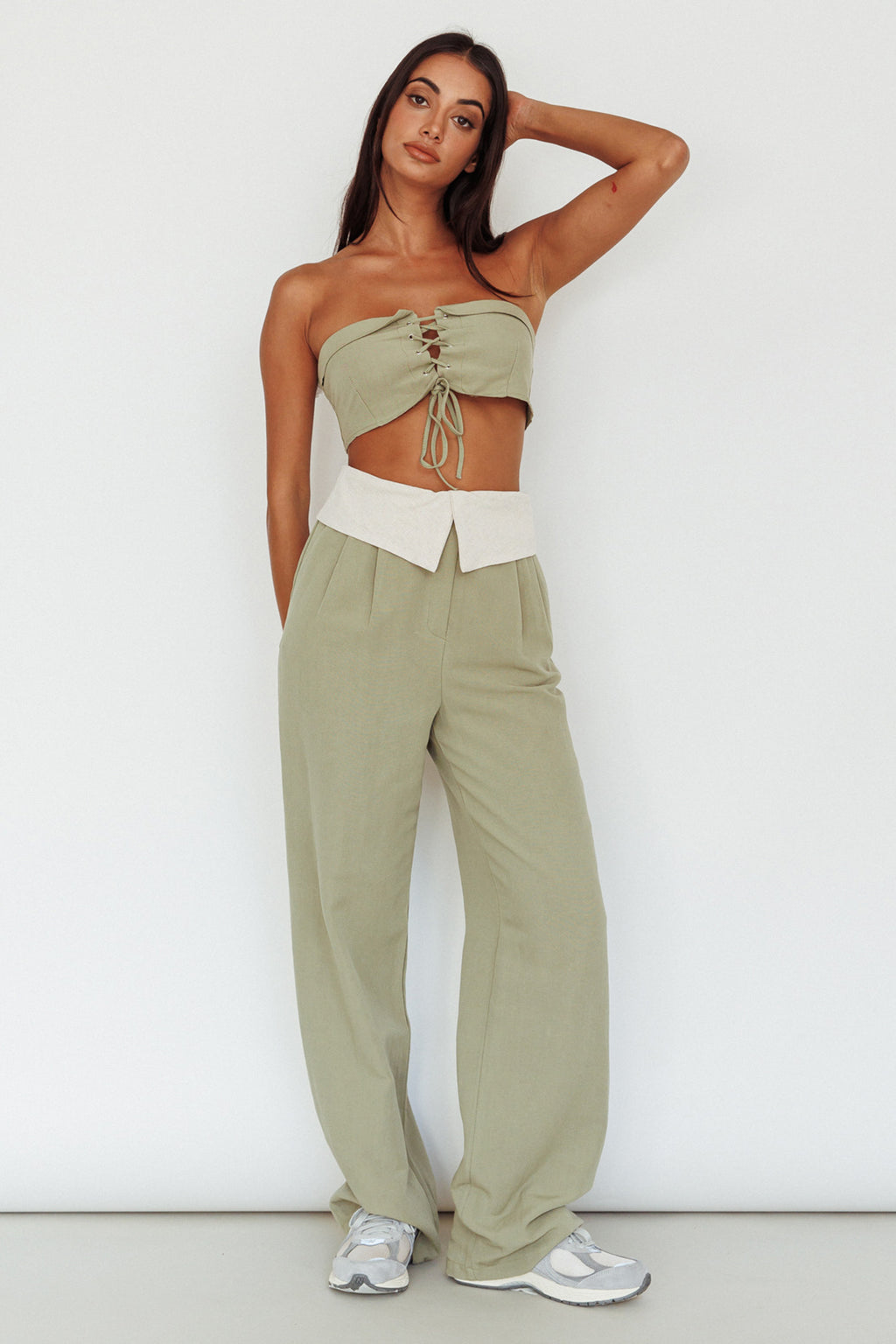 East Village Lace-Up Crop Top Sage by Selfie Leslie Australia