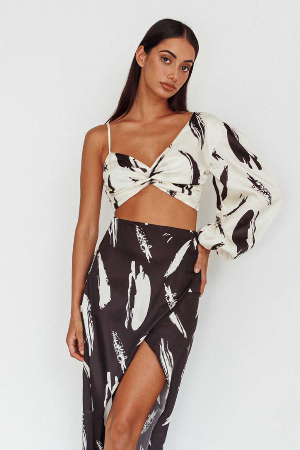 Amina Twist Bust Crop Top Printed Off White by Selfie Leslie Australia