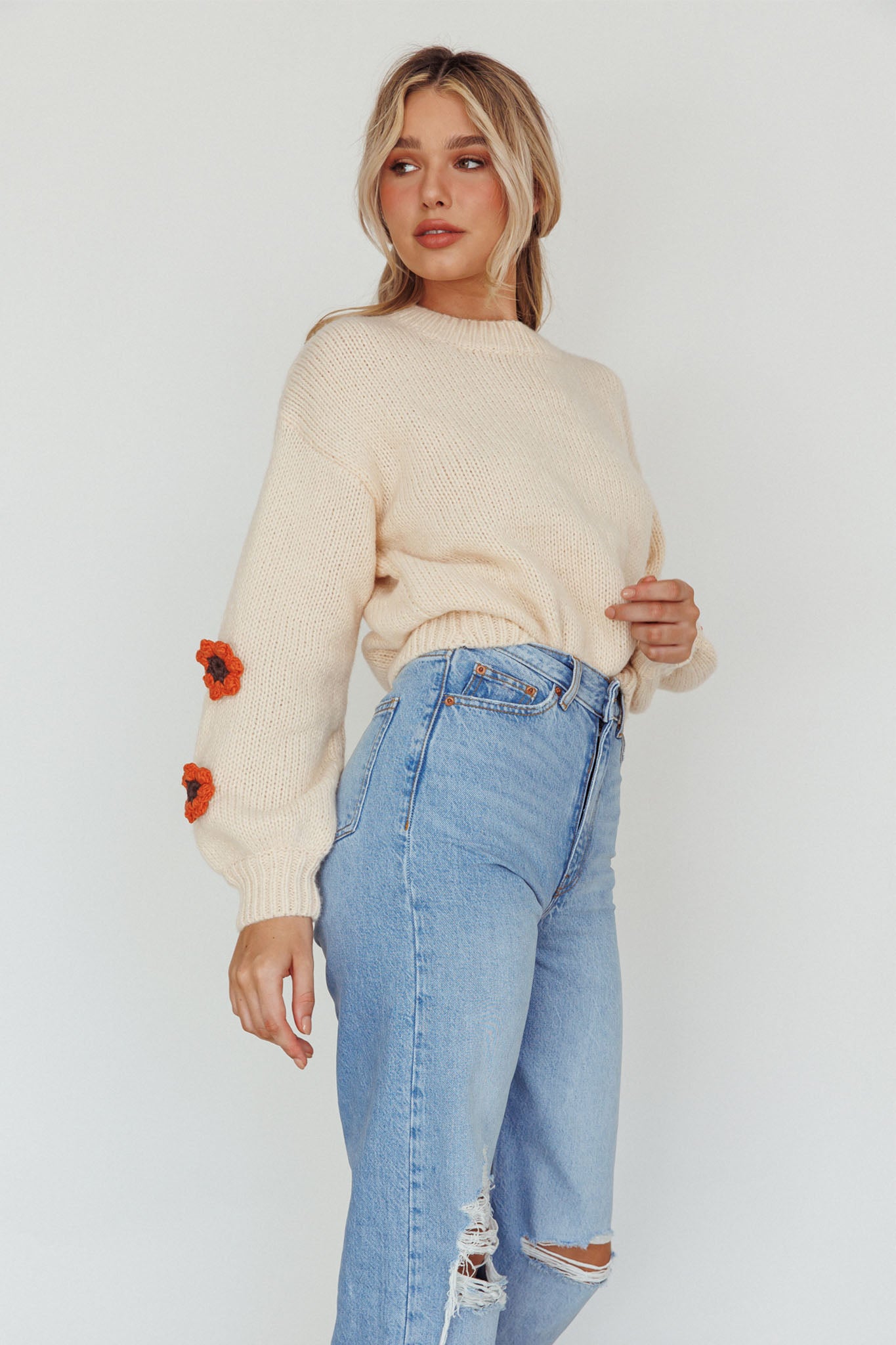 Lighthouse Flower Accent Sweater Cream by Selfie Leslie Australia
