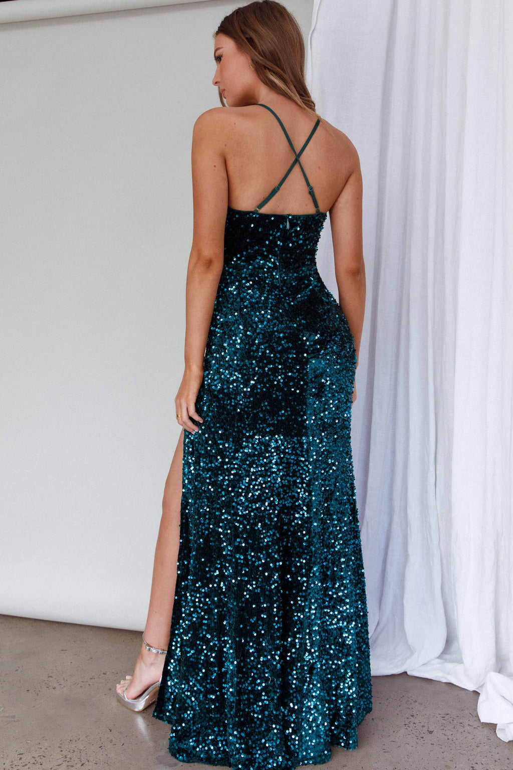 Bellerose Thigh Split Sequin Dress Emerald by Selfie Leslie Australia