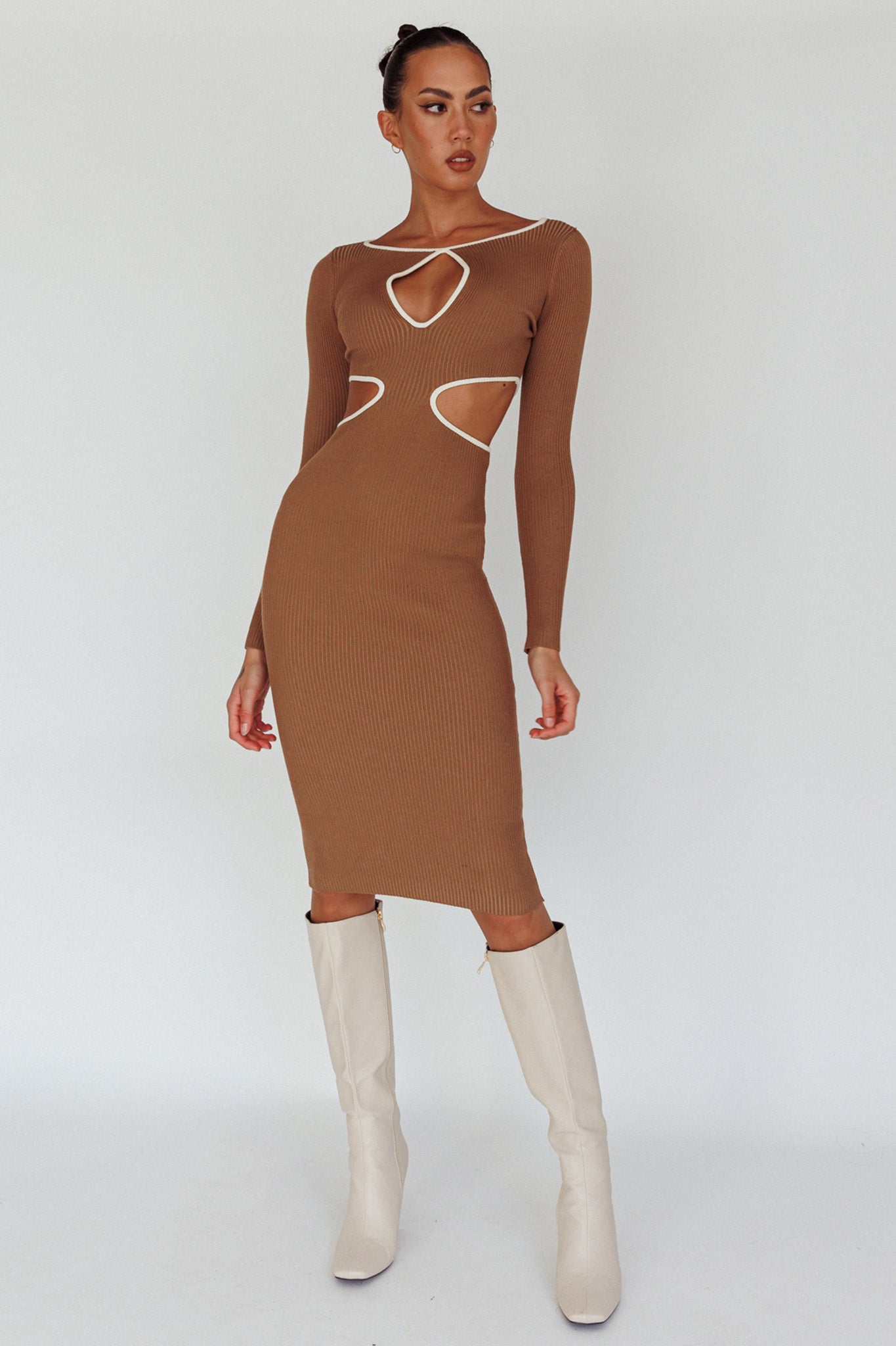 Jovie Keyhole Knit Midi Dress Mocha by Selfie Leslie Australia