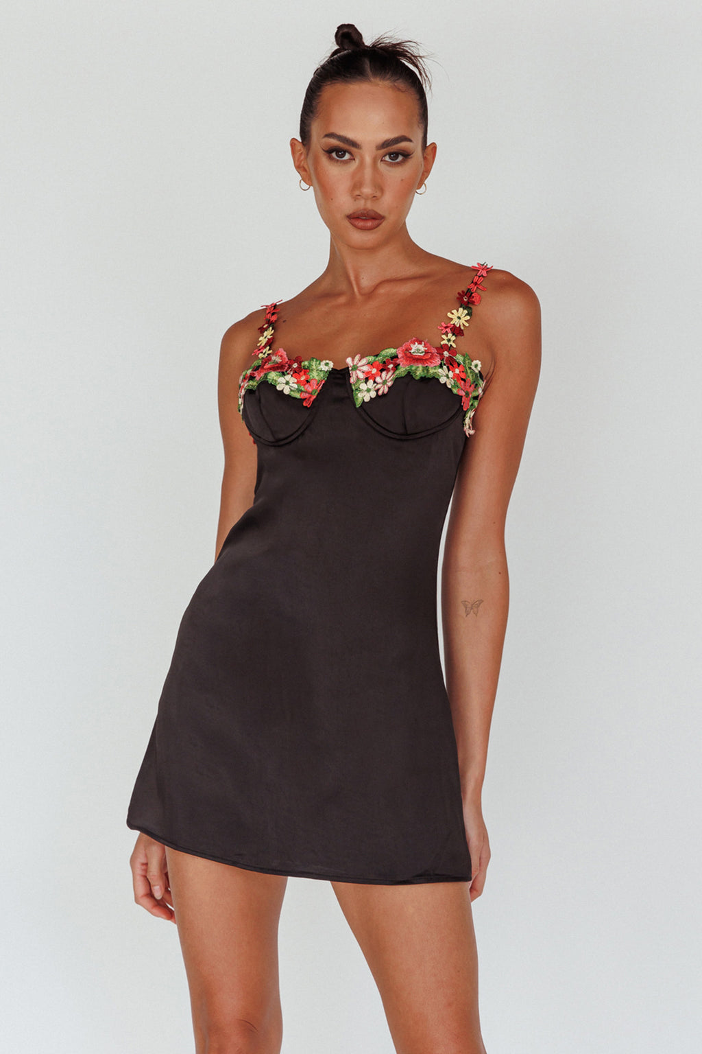 Izolda Floral Applique Mini Dress Black by Selfie Leslie Australia