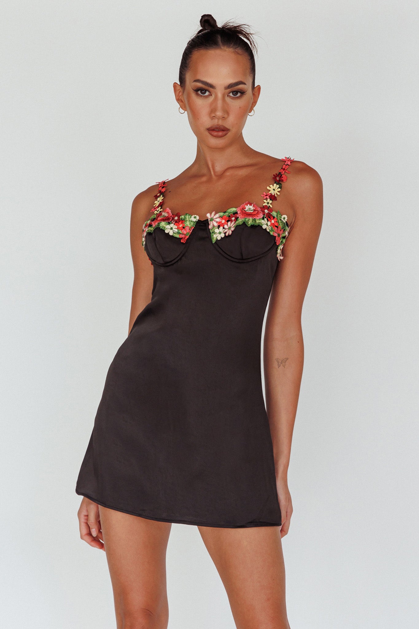 Izolda Floral Applique Mini Dress Black by Selfie Leslie Australia