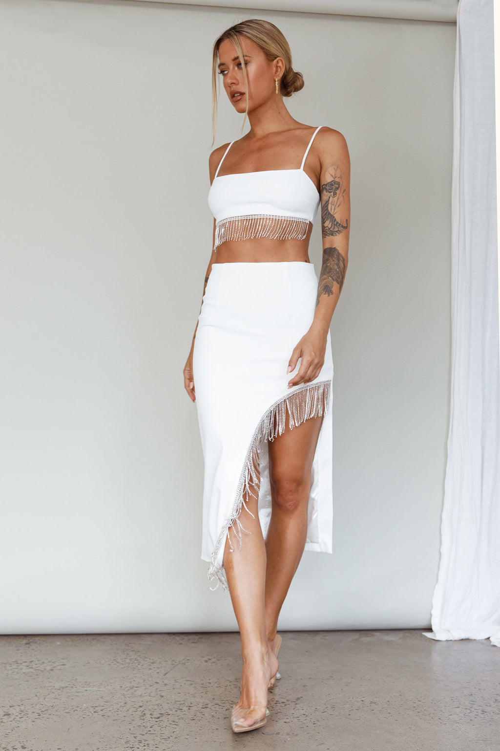 Attention Seeker Diamante Trim Midi Skirt Off White by Selfie Leslie Australia