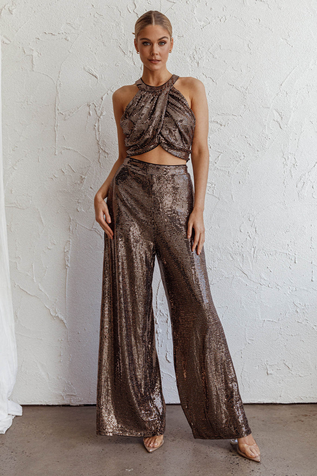 Anything Goes Draped Sequin Crop Top Gold by Selfie Leslie Australia
