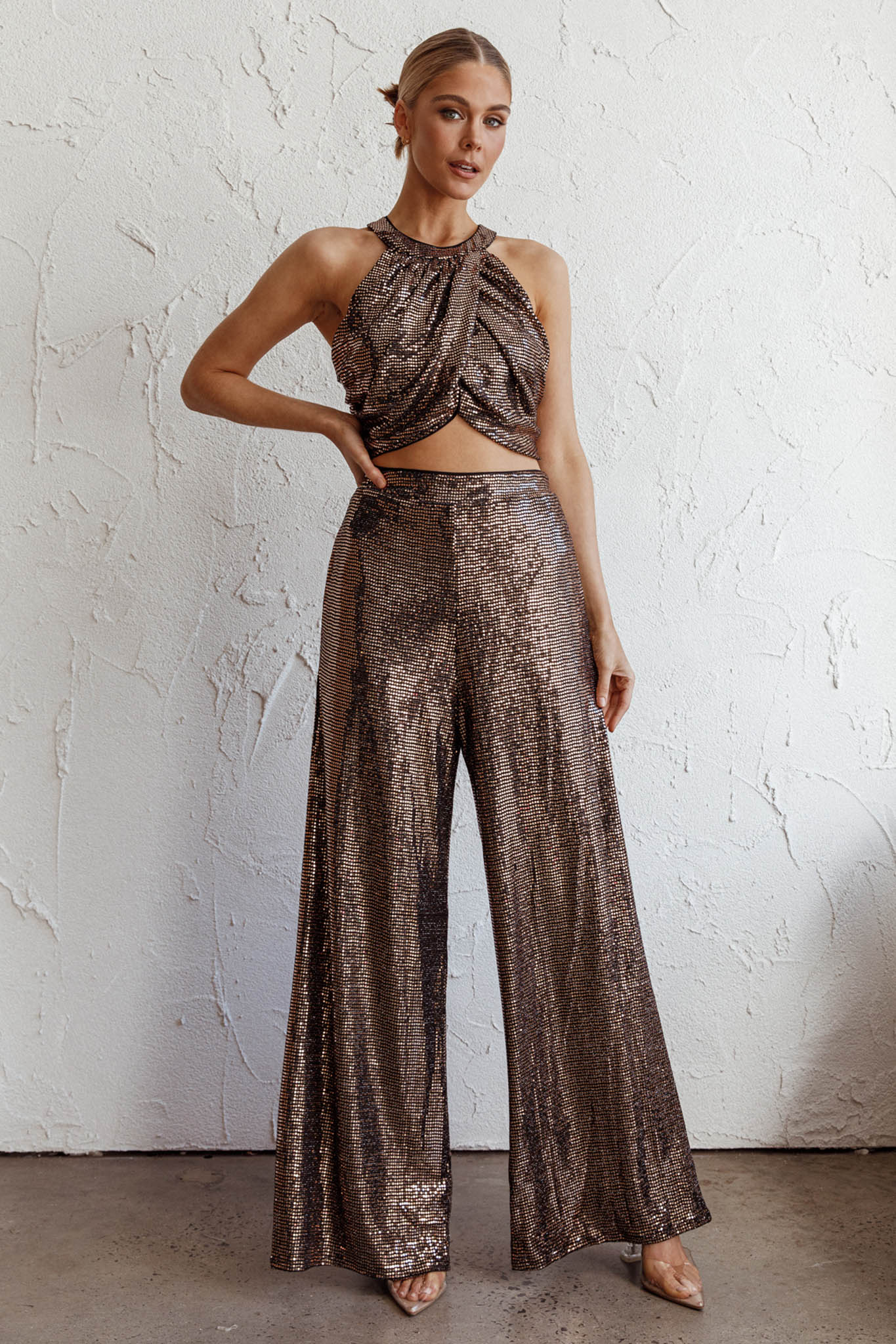Anything Goes Draped Sequin Crop Top Gold by Selfie Leslie Australia
