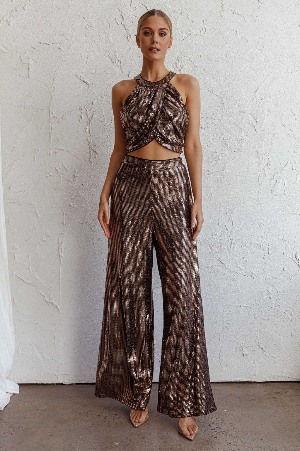 Anything Goes Draped Sequin Crop Top Gold by Selfie Leslie Australia