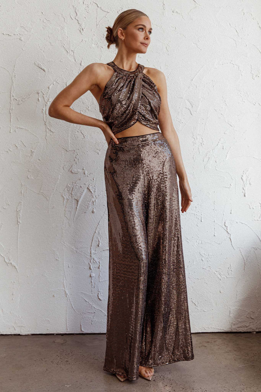 Anything Goes Draped Sequin Crop Top Gold by Selfie Leslie Australia