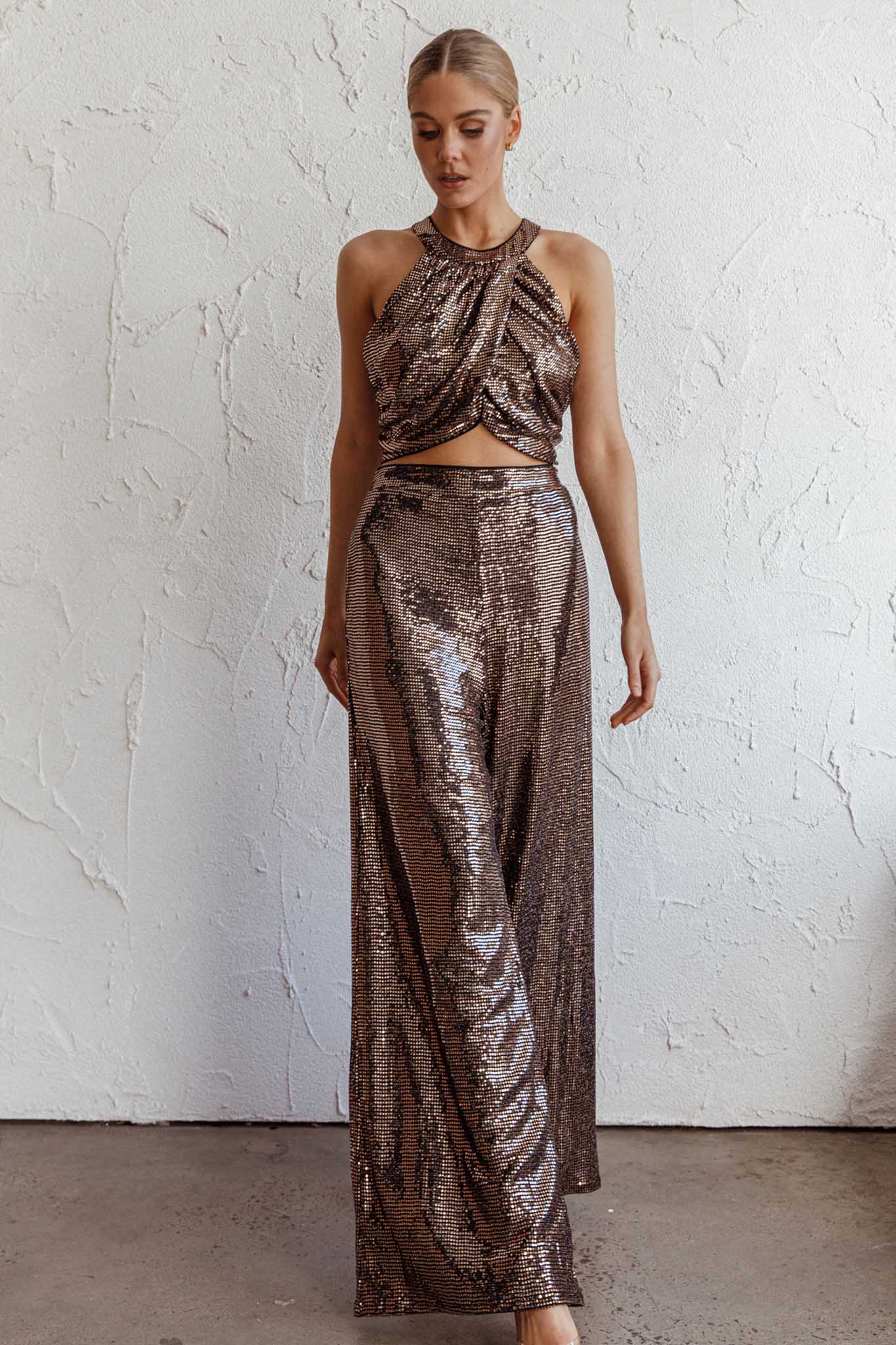 Anything Goes Draped Sequin Crop Top Gold by Selfie Leslie Australia