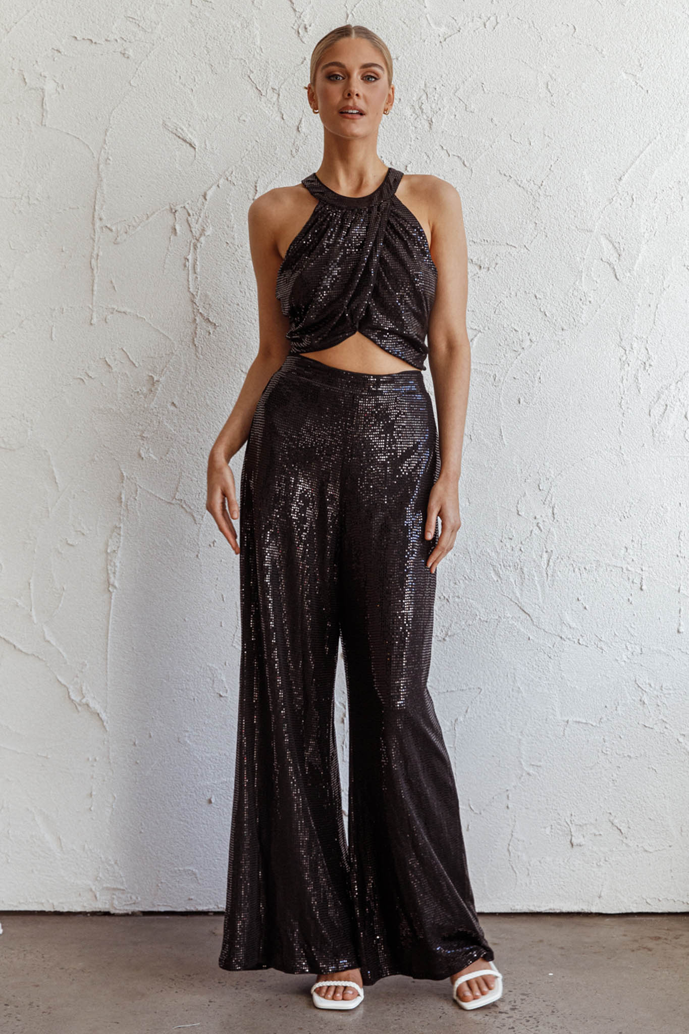 Anything Goes Draped Sequin Crop Top Black by Selfie Leslie Australia