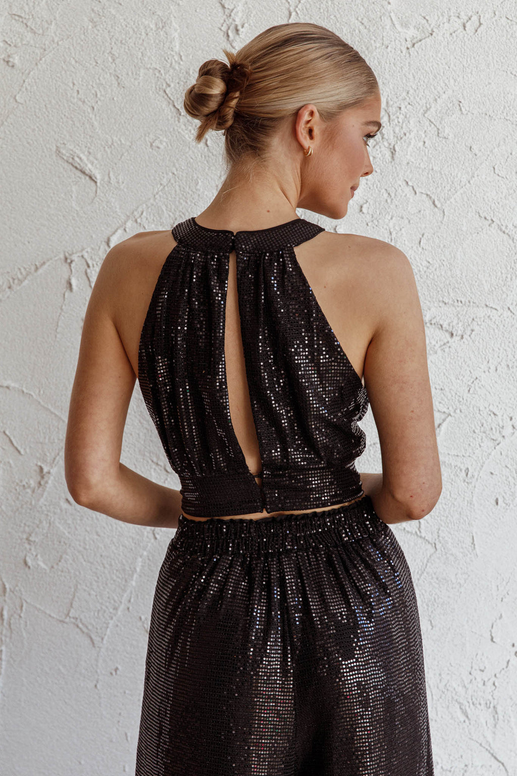 Anything Goes Draped Sequin Crop Top Black by Selfie Leslie Australia