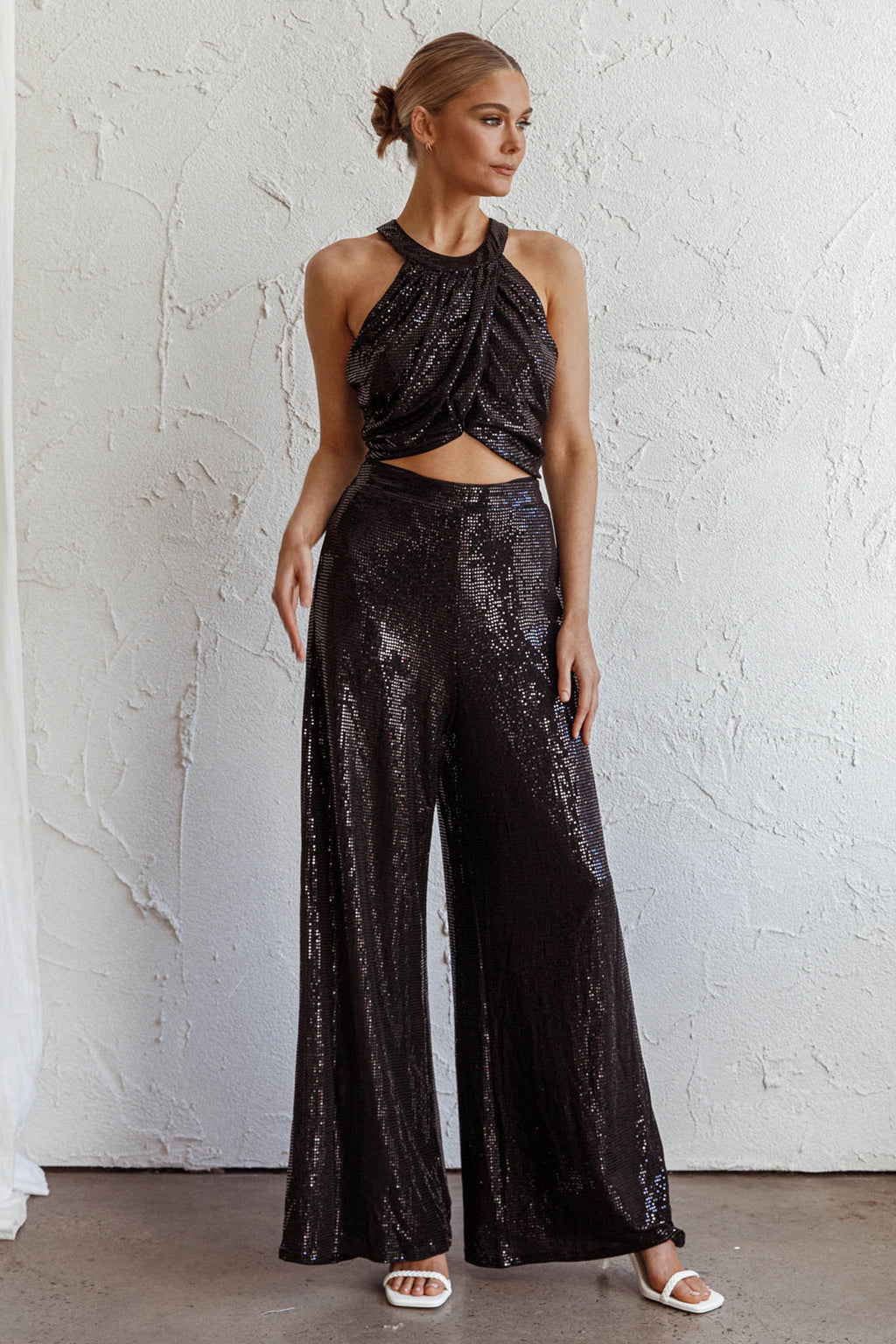 Anything Goes Draped Sequin Crop Top Black by Selfie Leslie Australia