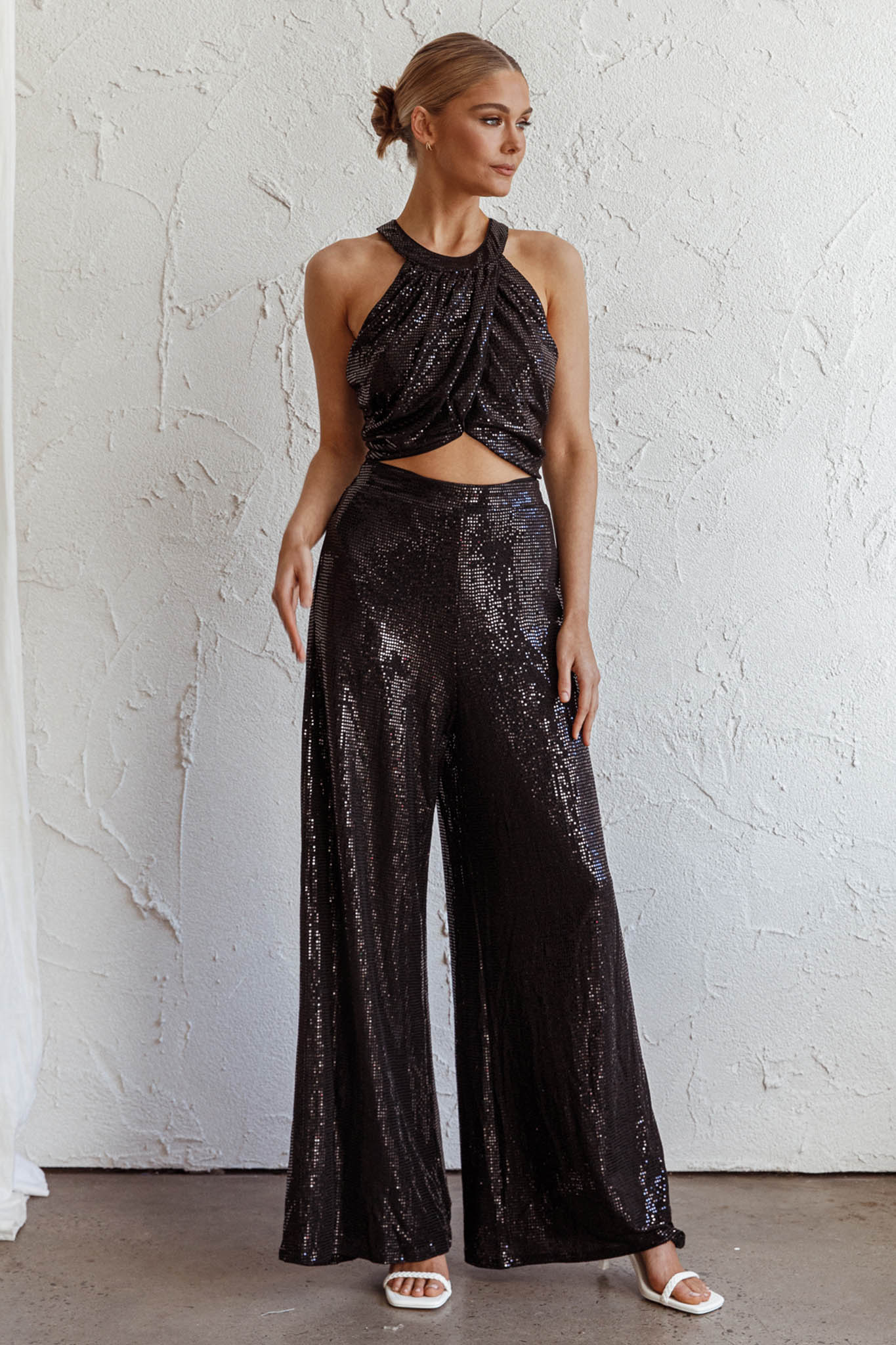 Anything Goes Draped Sequin Crop Top Black by Selfie Leslie Australia