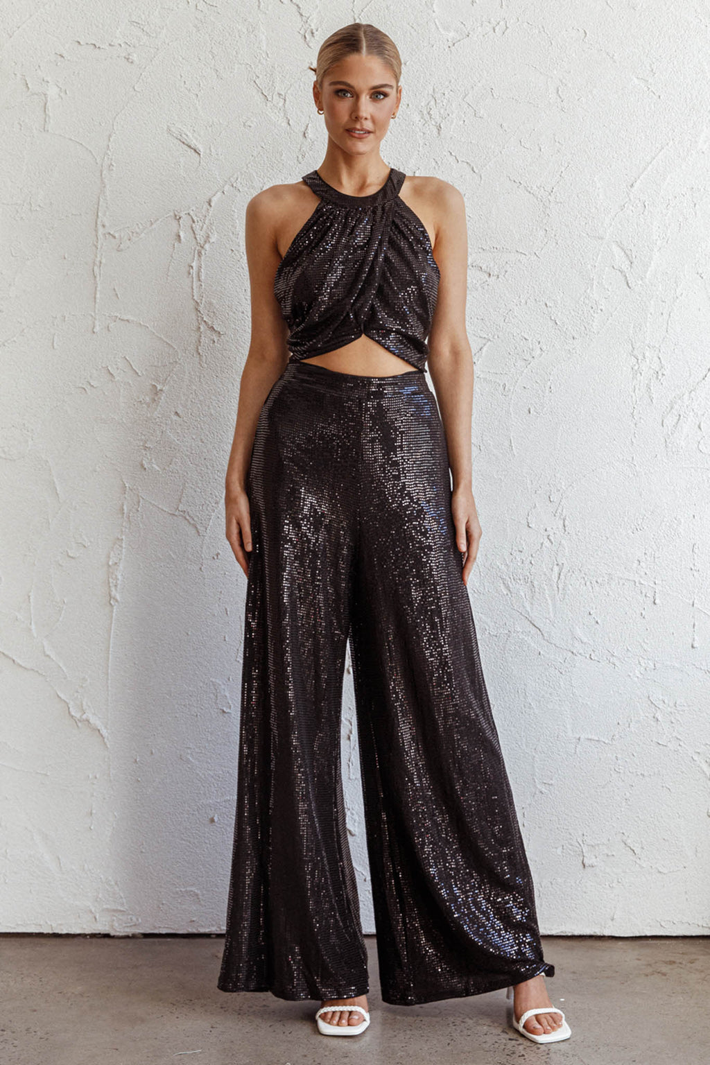 Anything Goes Draped Sequin Crop Top Black by Selfie Leslie Australia