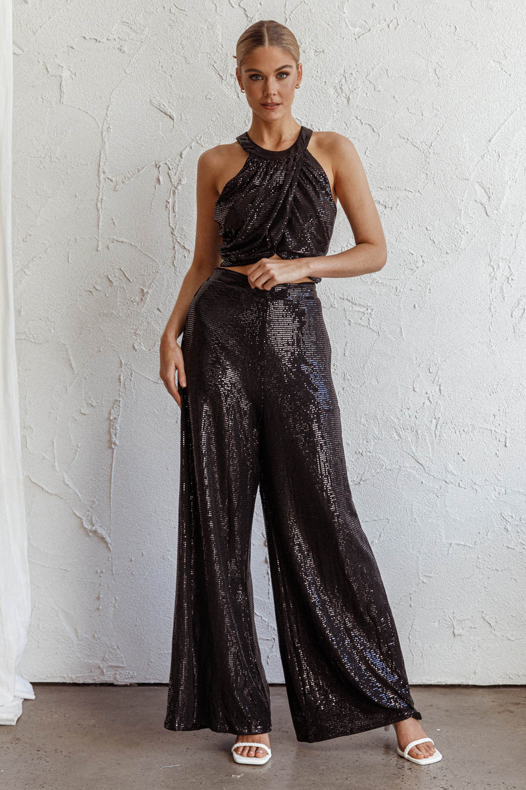 Anything Goes Draped Sequin Crop Top Black by Selfie Leslie Australia