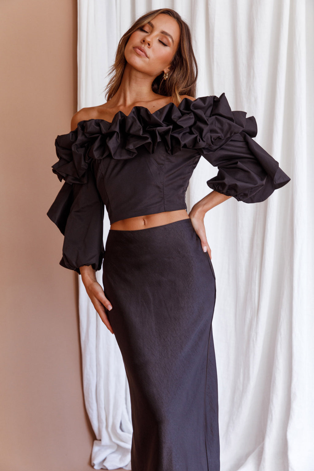 Midnight Mirage Puff Ruffle Crop Top Black by Selfie Leslie Australia