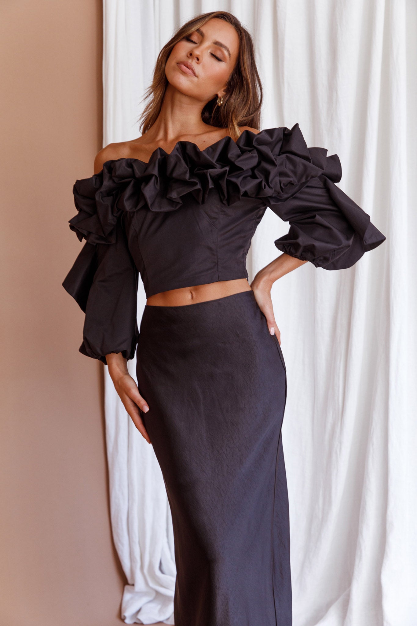Midnight Mirage Puff Ruffle Crop Top Black by Selfie Leslie Australia