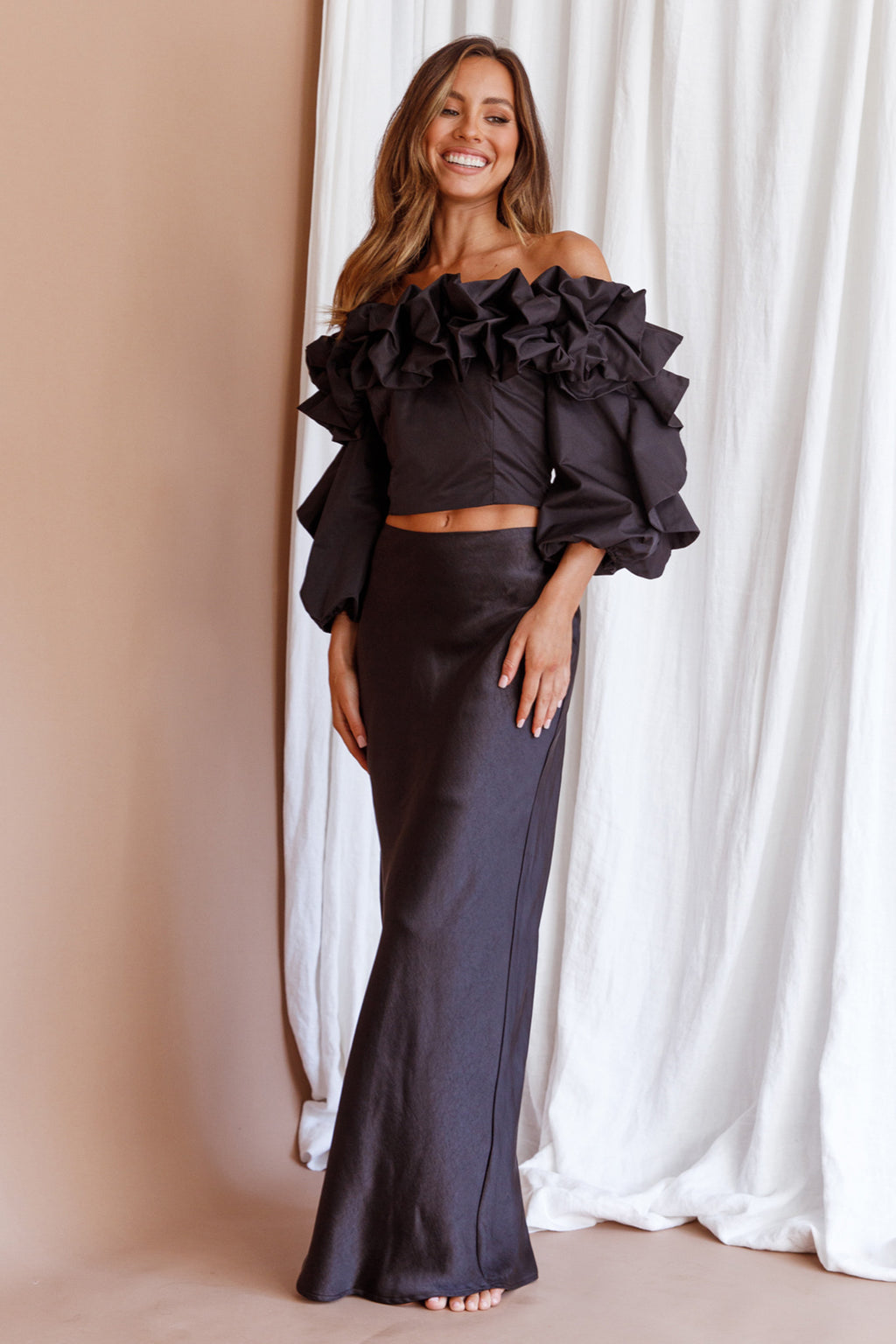 Midnight Mirage Puff Ruffle Crop Top Black by Selfie Leslie Australia