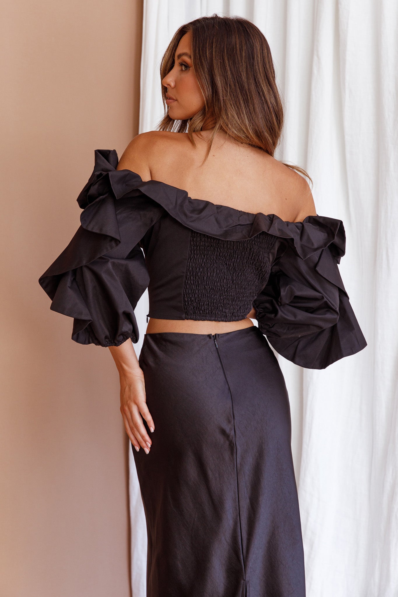 Midnight Mirage Puff Ruffle Crop Top Black by Selfie Leslie Australia