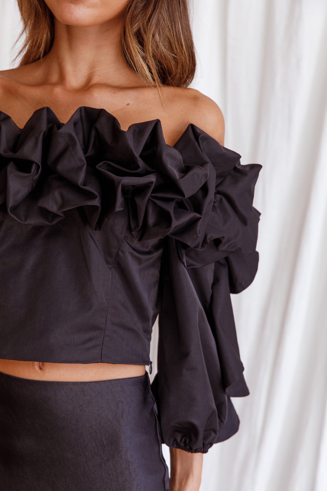 Midnight Mirage Puff Ruffle Crop Top Black by Selfie Leslie Australia