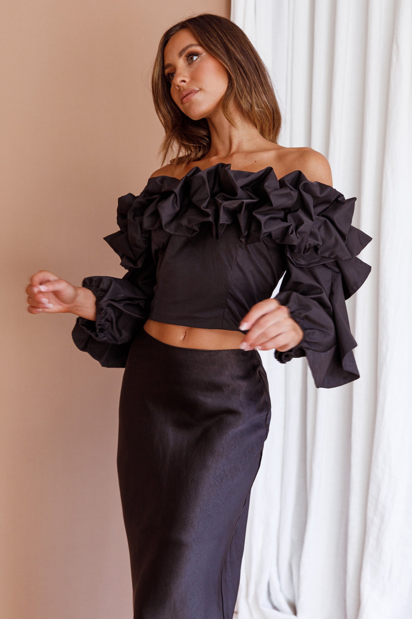 Midnight Mirage Puff Ruffle Crop Top Black by Selfie Leslie Australia