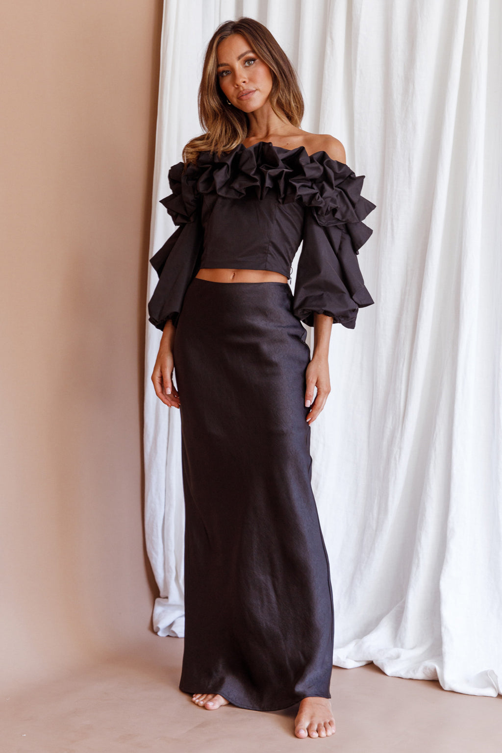 Midnight Mirage Puff Ruffle Crop Top Black by Selfie Leslie Australia