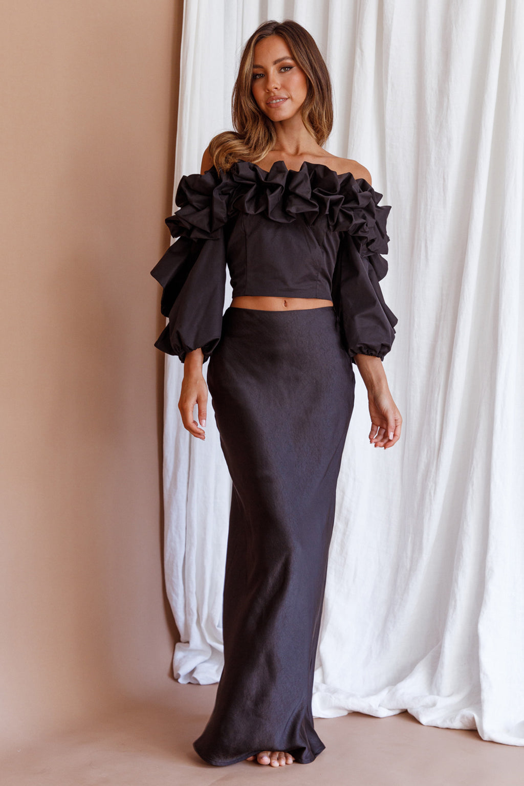 Midnight Mirage Puff Ruffle Crop Top Black by Selfie Leslie Australia