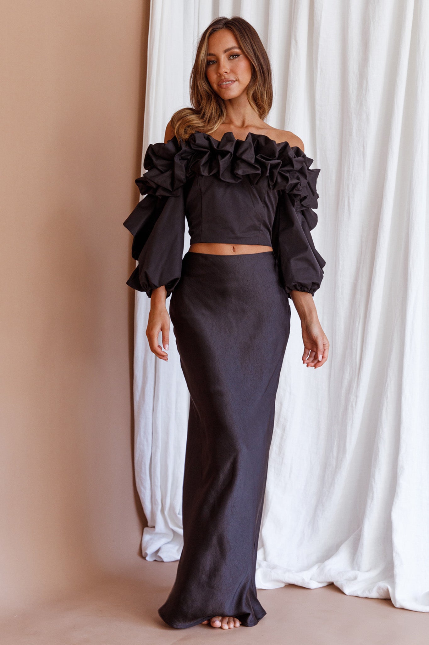 Midnight Mirage Puff Ruffle Crop Top Black by Selfie Leslie Australia