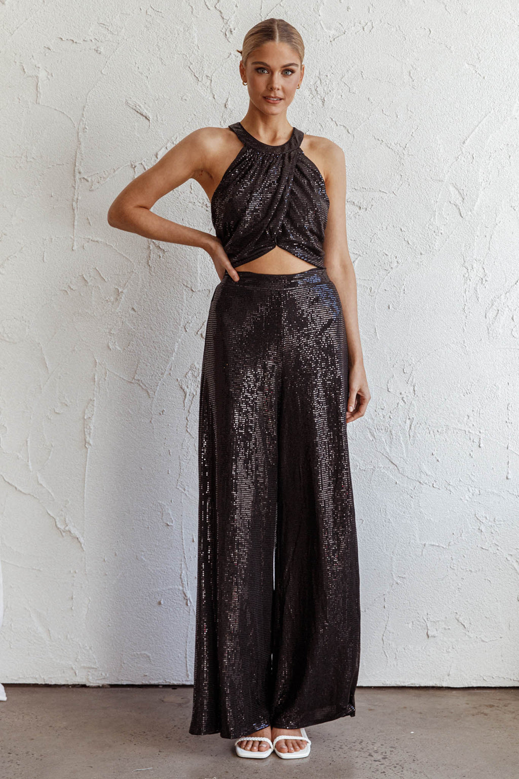 Anything Goes Wide Leg Metallic Pants Black by Selfie Leslie Australia