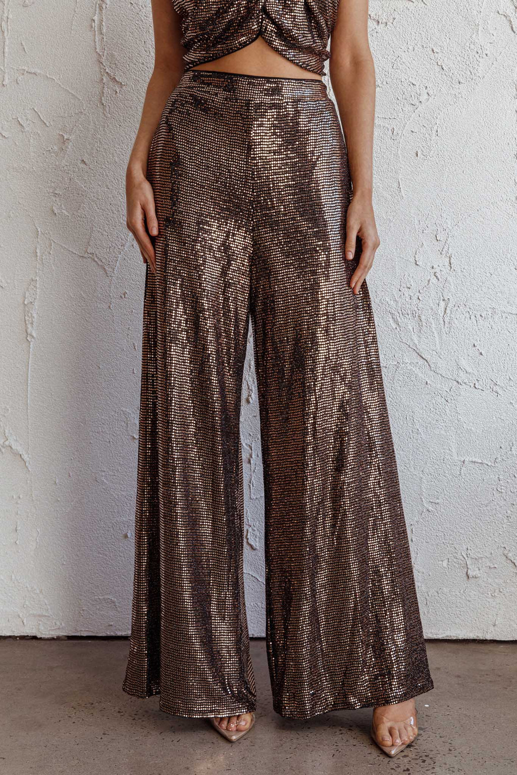 Anything Goes Wide Leg Metallic Pants Gold by Selfie Leslie Australia