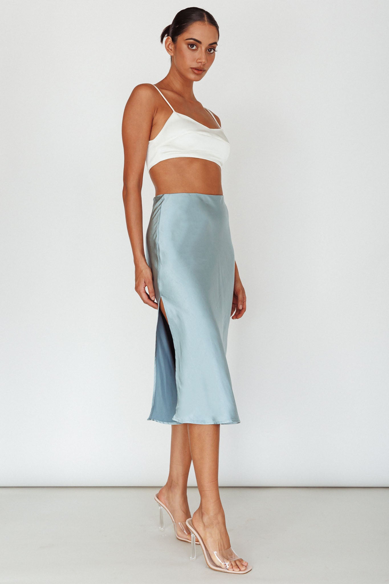 Daze Satin Midi Skirt Light Blue by Selfie Leslie Australia