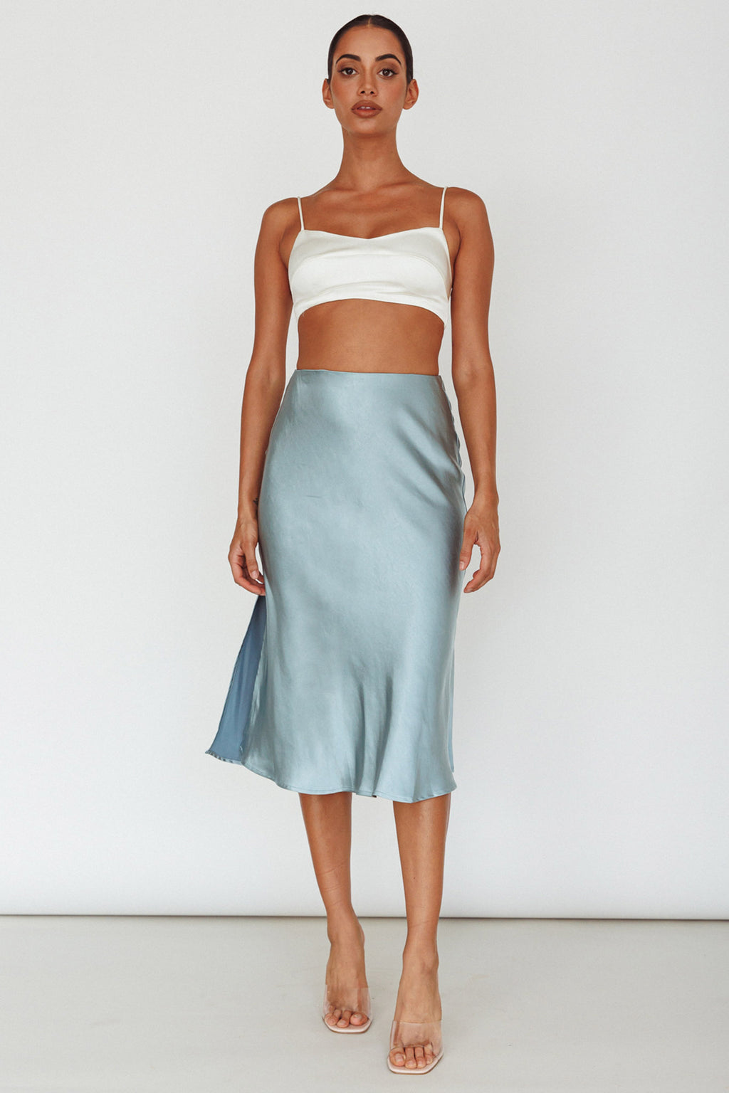 Daze Satin Midi Skirt Light Blue by Selfie Leslie Australia