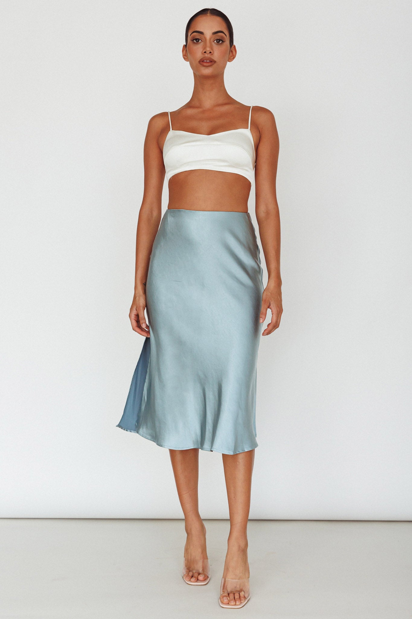 Daze Satin Midi Skirt Light Blue by Selfie Leslie Australia