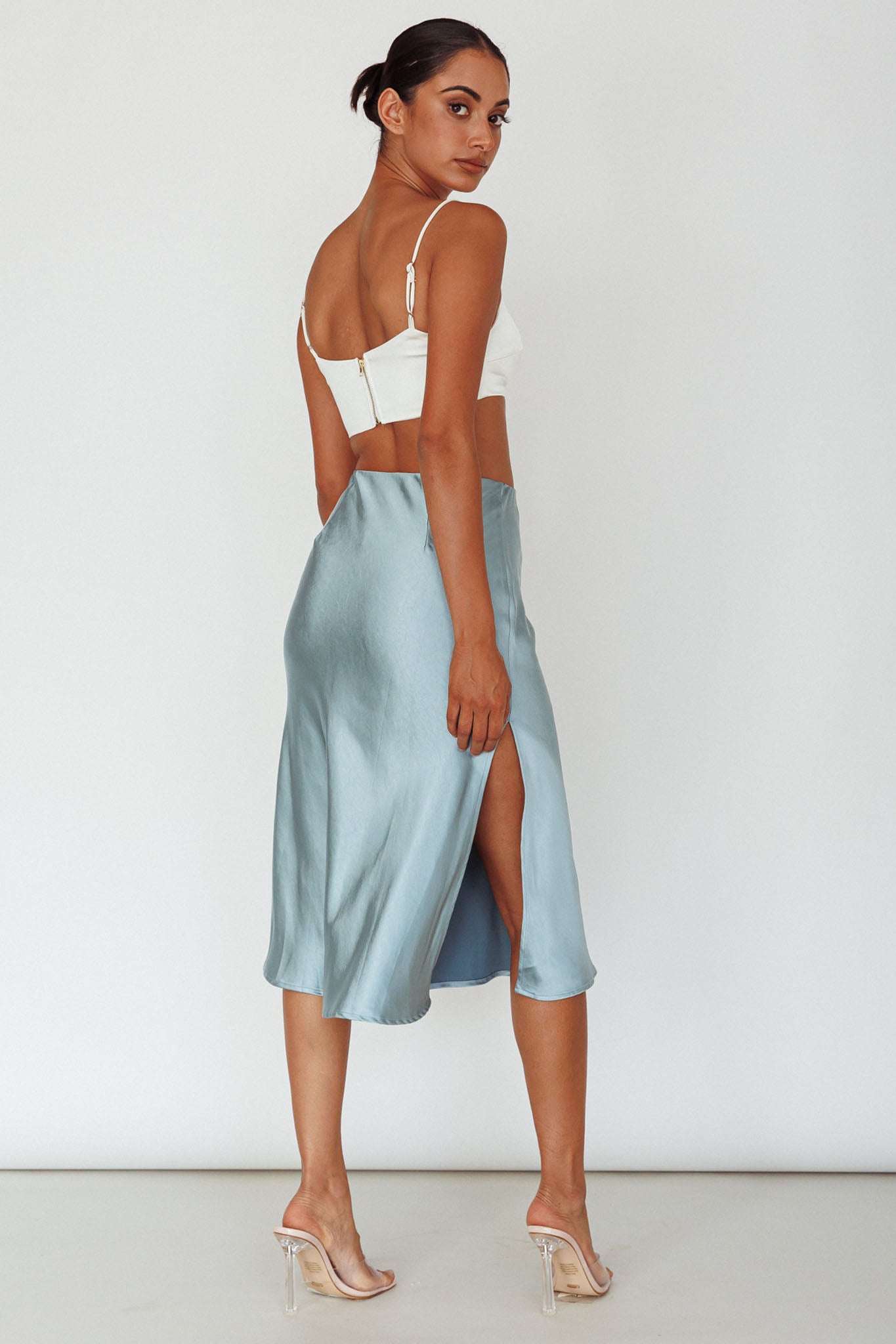 Daze Satin Midi Skirt Light Blue by Selfie Leslie Australia