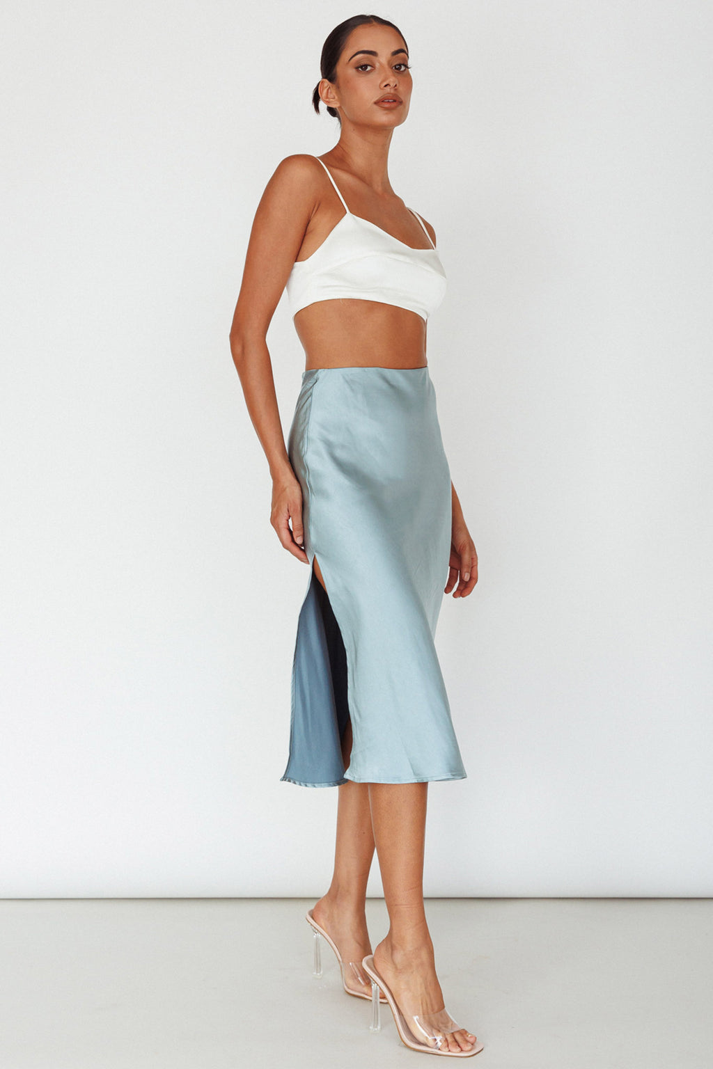 Daze Satin Midi Skirt Light Blue by Selfie Leslie Australia