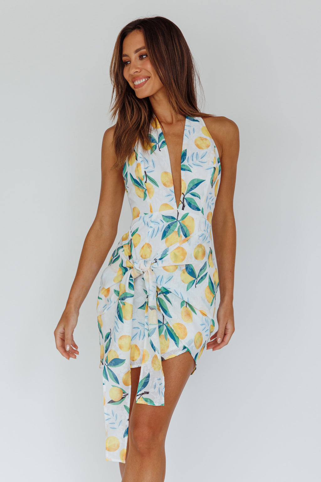Euro Trip Halter Wrap Mini Dress Lemon by Selfie Leslie Australia