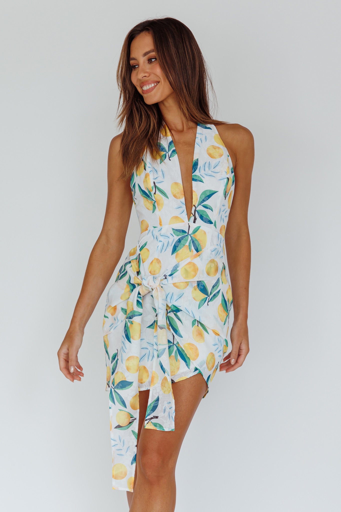 Euro Trip Halter Wrap Mini Dress Lemon by Selfie Leslie Australia