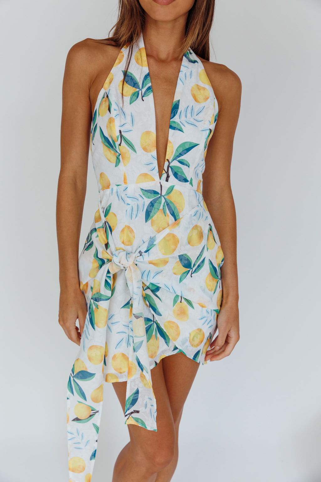 Euro Trip Halter Wrap Mini Dress Lemon by Selfie Leslie Australia