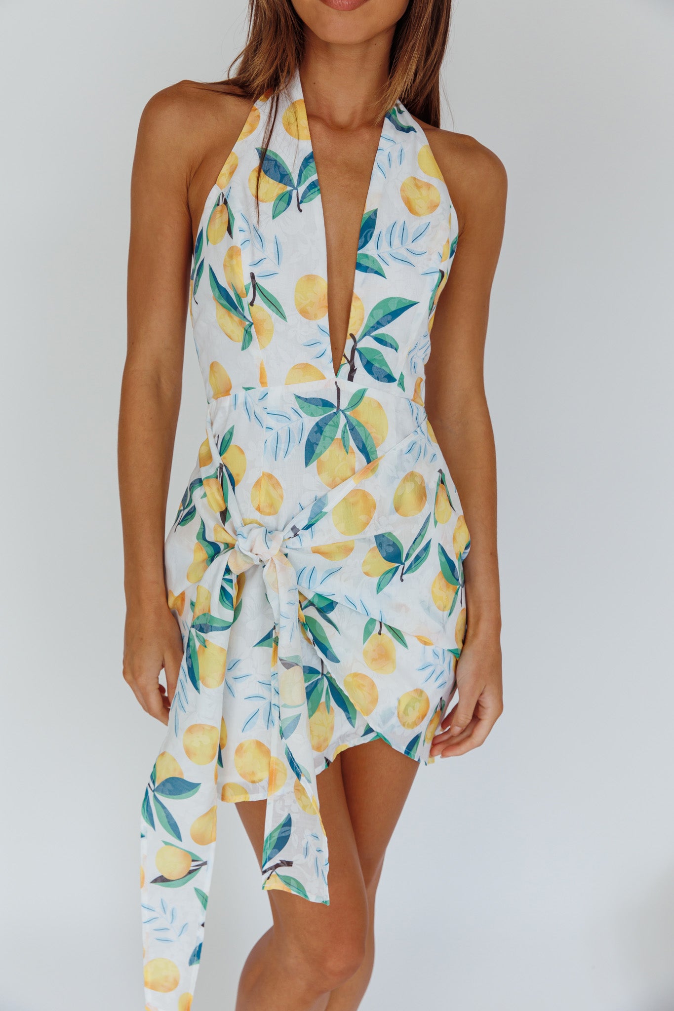 Euro Trip Halter Wrap Mini Dress Lemon by Selfie Leslie Australia