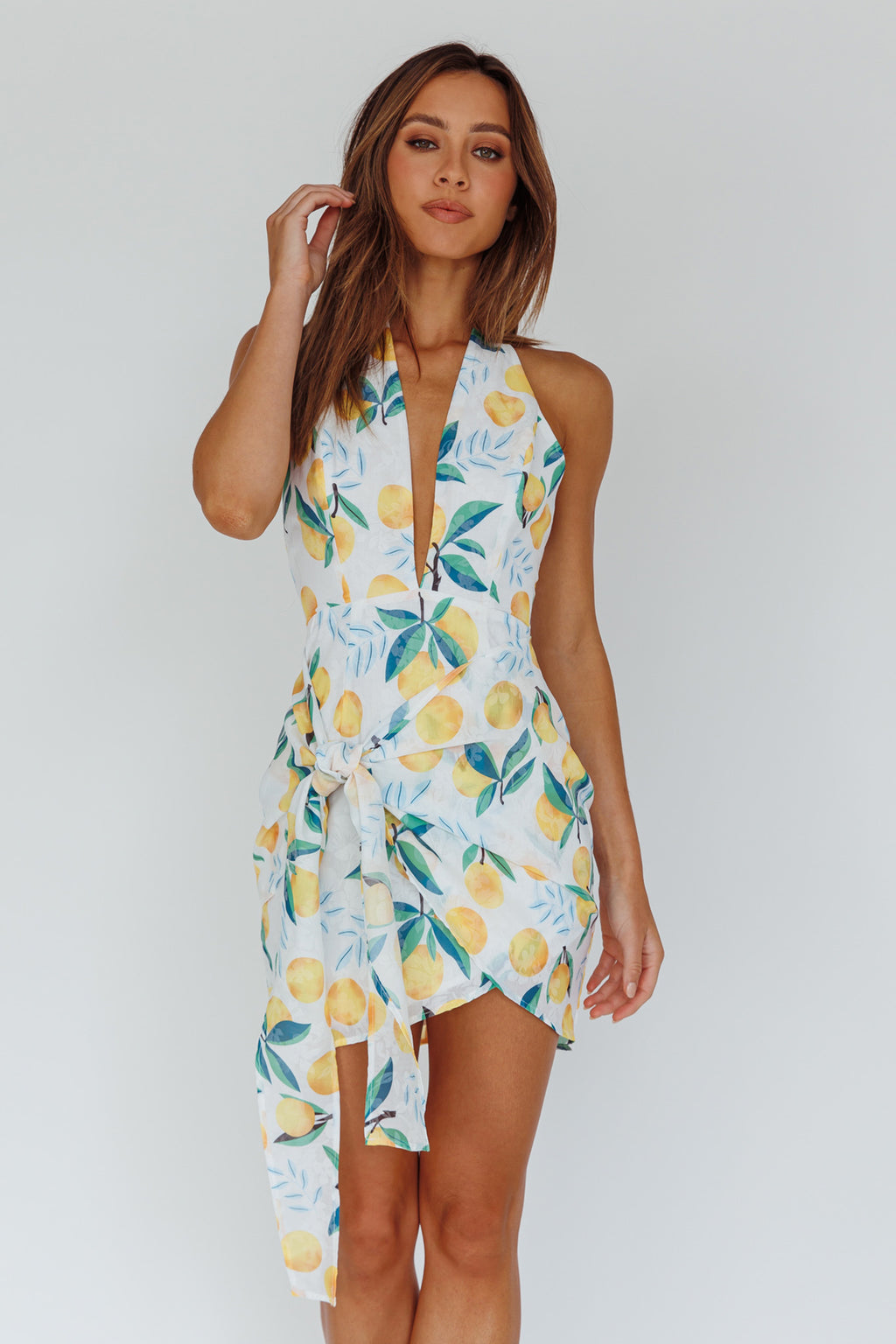Euro Trip Halter Wrap Mini Dress Lemon by Selfie Leslie Australia