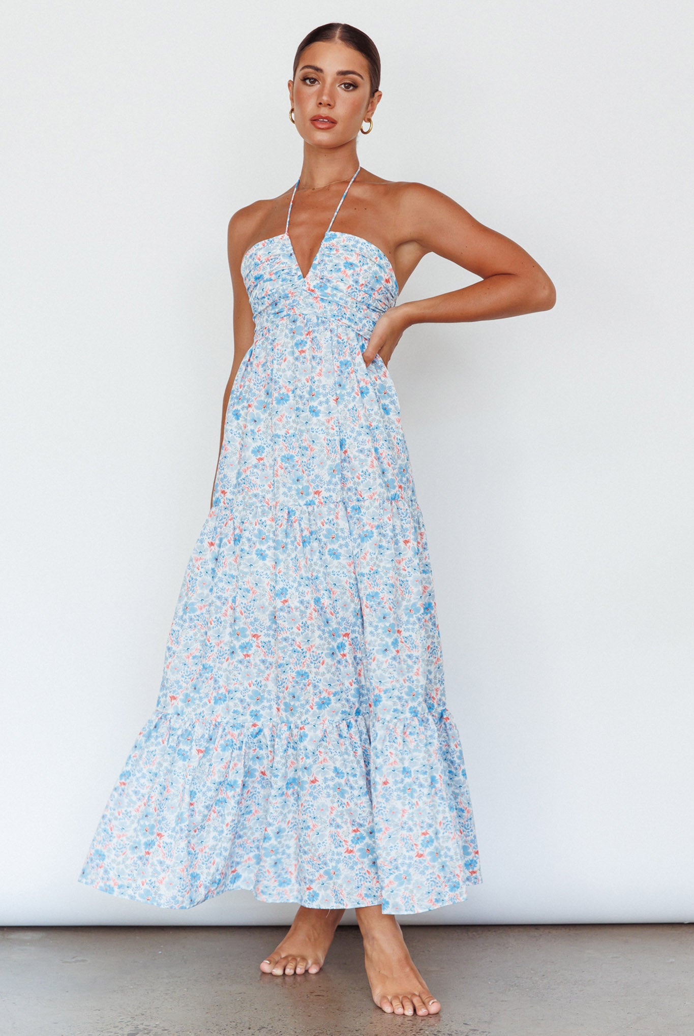 Asiah Halterneck Maxi Dress Flowers Blue by Selfie Leslie Australia