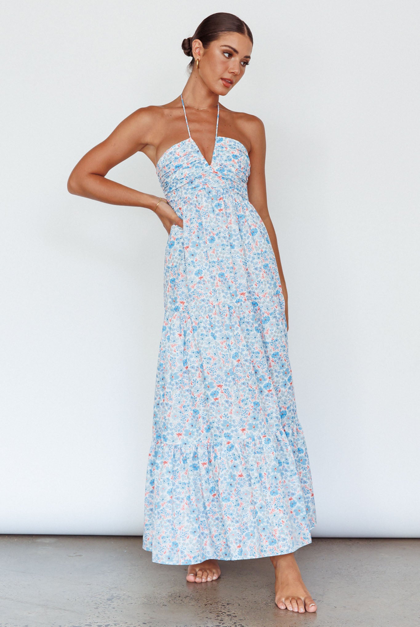 Asiah Halterneck Maxi Dress Flowers Blue by Selfie Leslie Australia