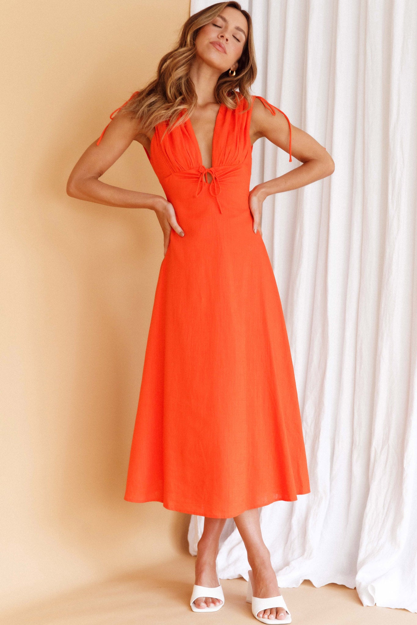 Cape Cod Drawstring Accent Midi Dress Tangerine by Selfie Leslie Australia