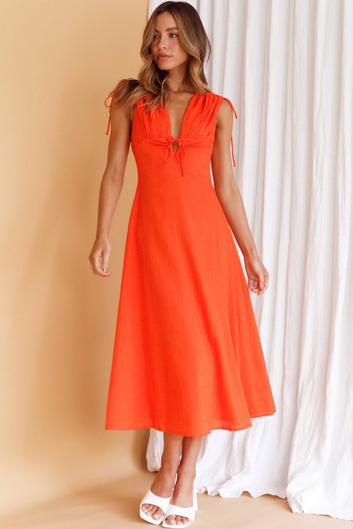 Cape Cod Drawstring Accent Midi Dress Tangerine by Selfie Leslie Australia