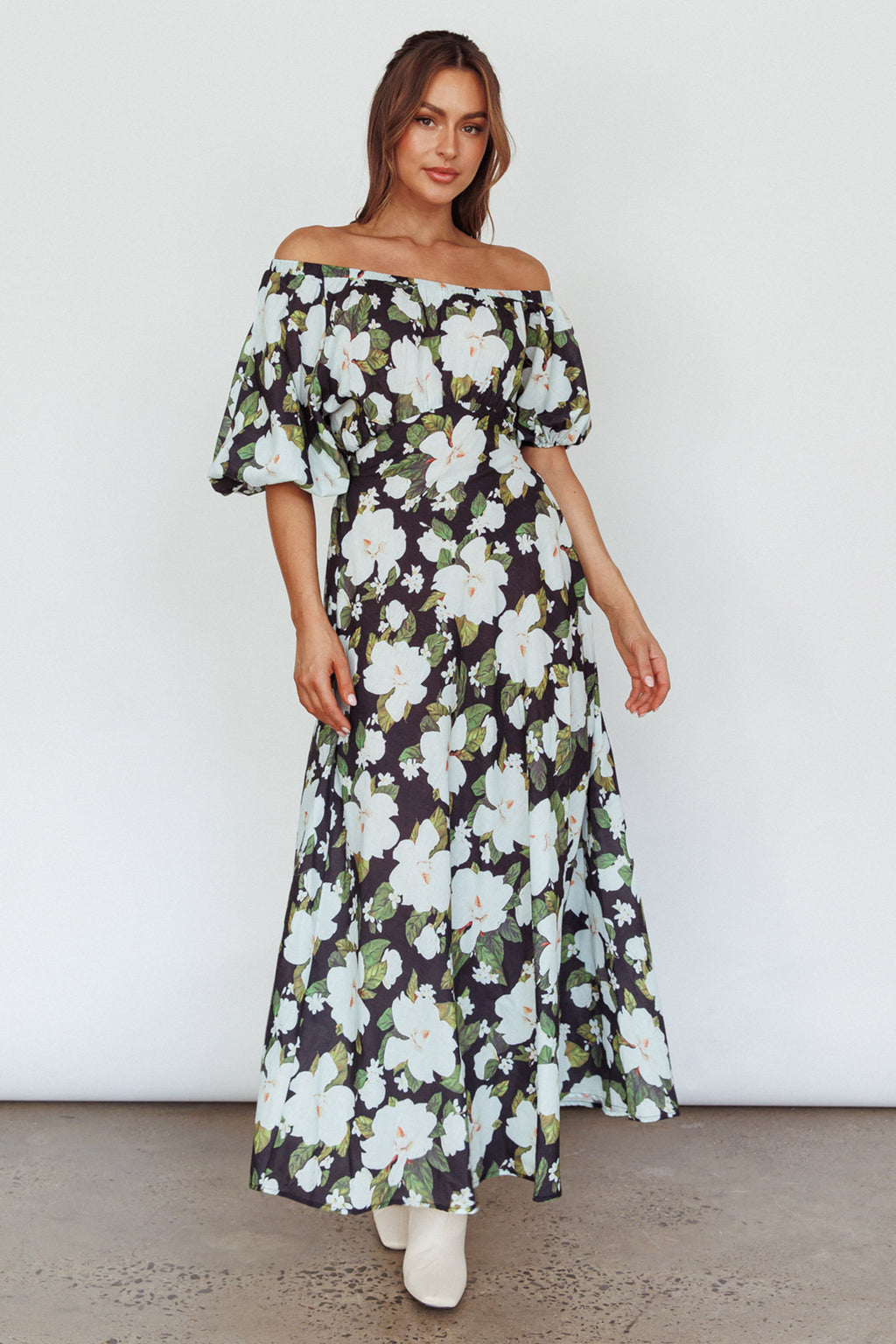 Momentum Off Shoulder Maxi Dress Floral Black by Selfie Leslie Australia