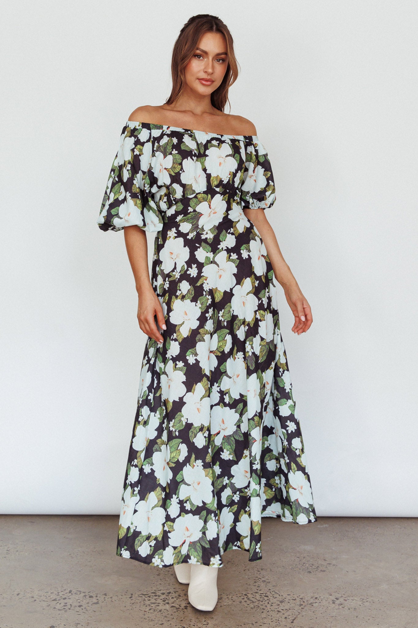 Momentum Off Shoulder Maxi Dress Floral Black by Selfie Leslie Australia